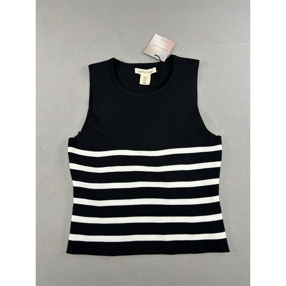 NWT Happily Grey Tank Top Womens Black White Stripe Scoop Neck Knit Cropped SZ L